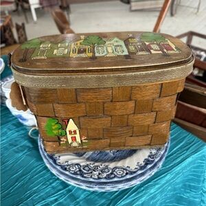 Handcrafted Brown Basket with Painted Village Scene